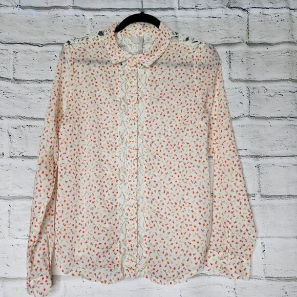 Lauren Conrad Semi Sheer Long Sleeve Button Up Collared Blouse Floral Medium - Picture 1 of 13